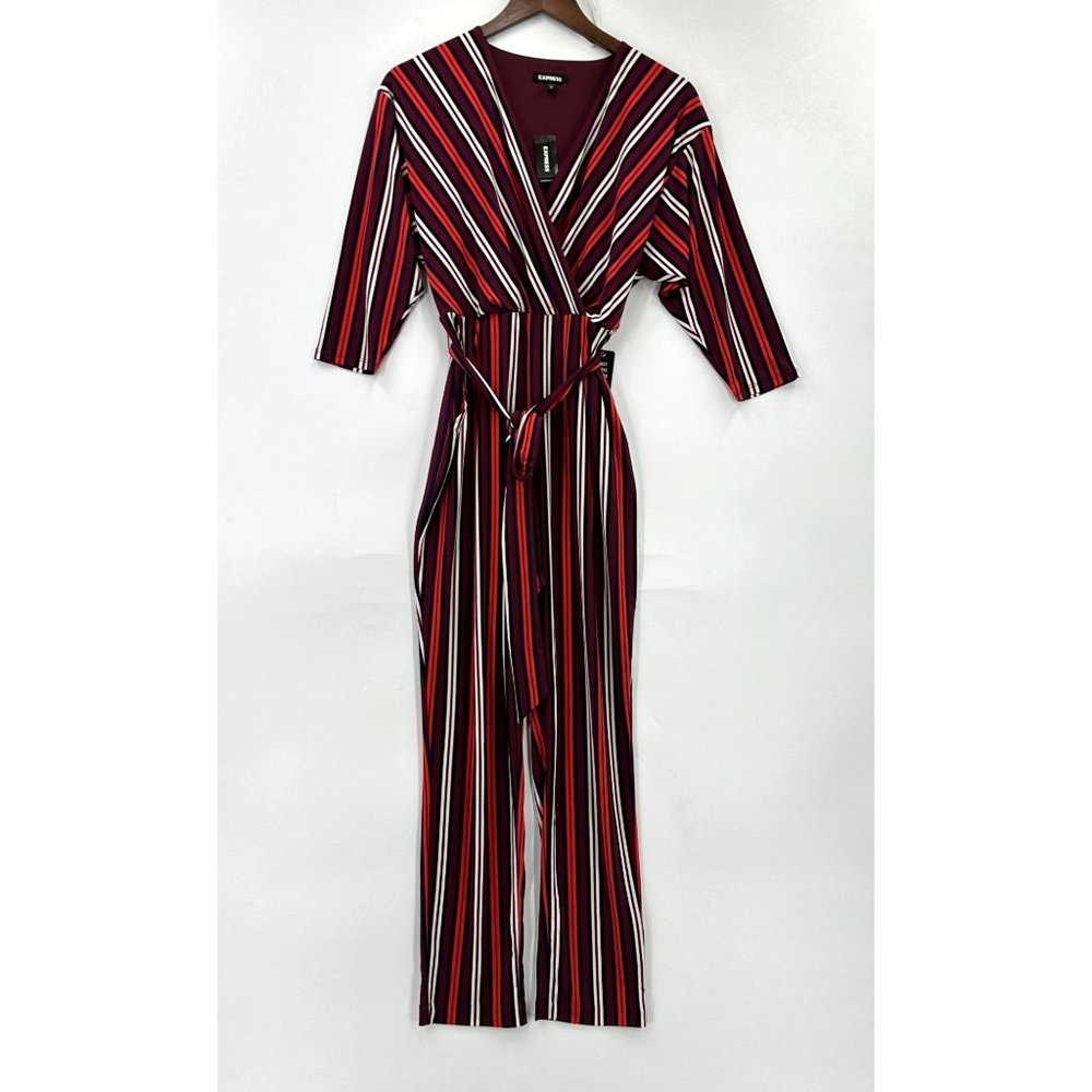 Express Jumpsuit Womens 3/4 Sleeve Striped V-Neck Tie Waist Multicolor XS NWT